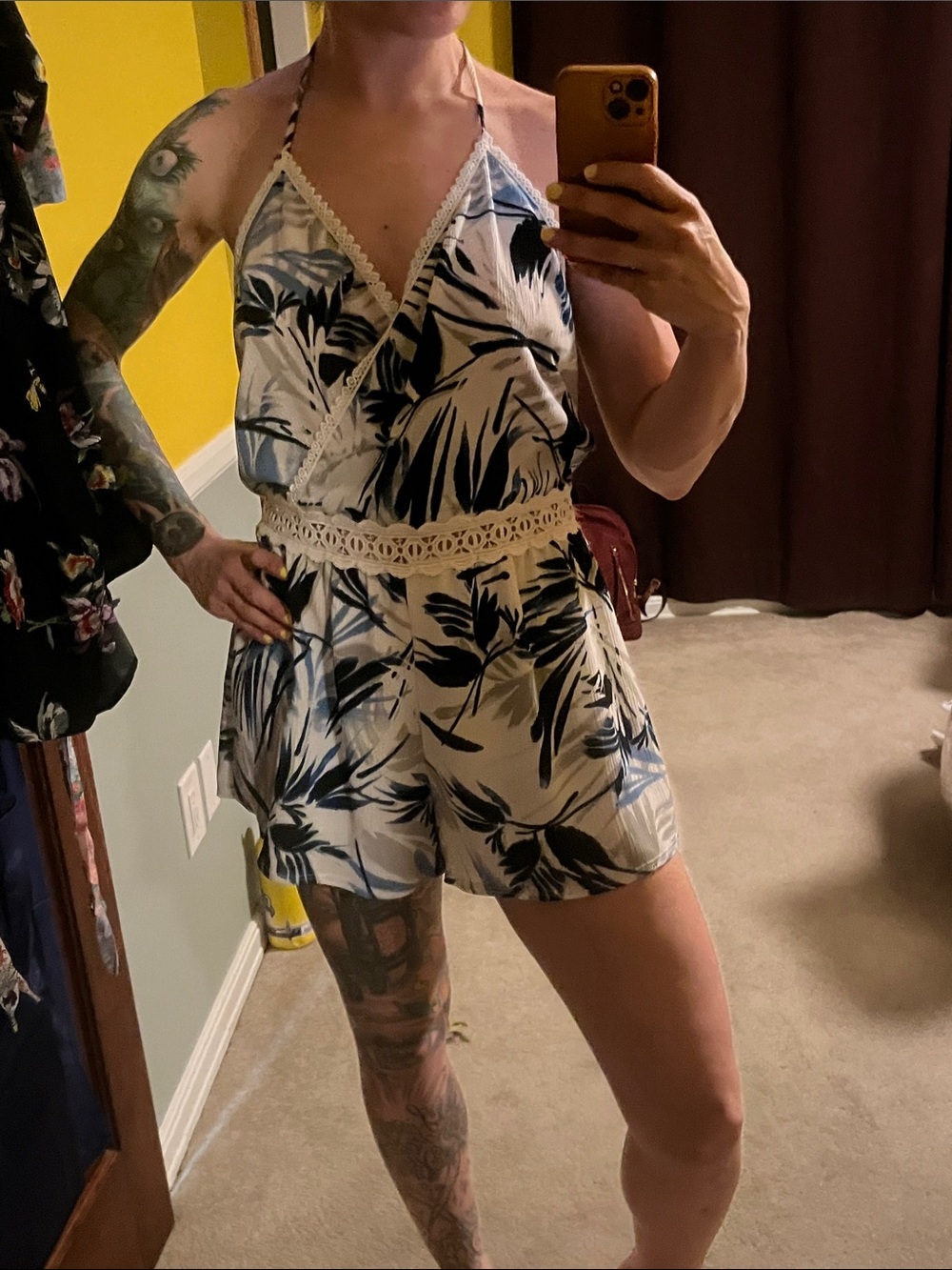 Crochet-Waist Halter Romper in Ivory and Navy